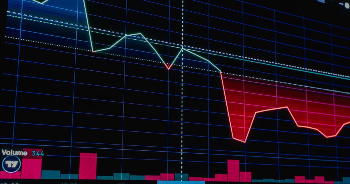 Close-up of a financial chart displaying a significant market downtrend with red and green candlesticks.