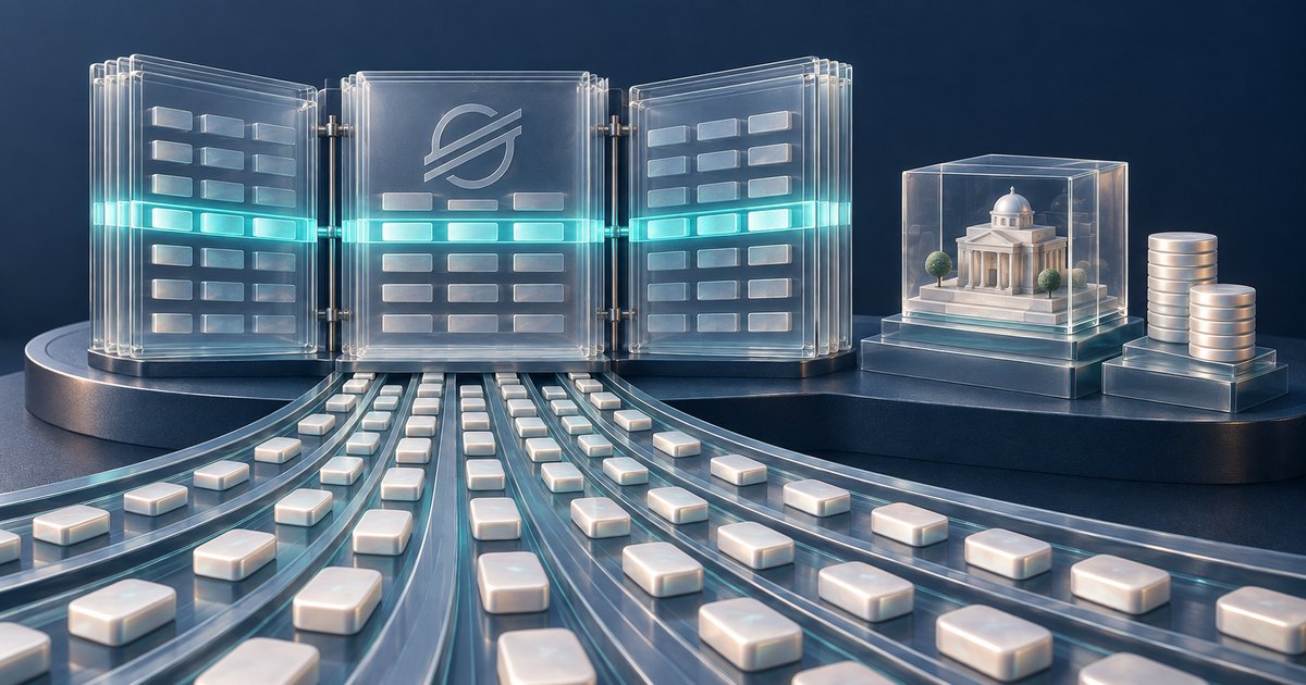 Editorial illustration: Rows of white blocks on curved tracks converge toward transparent panels bearing the Stellar symbol and a glowing cyan band. A miniature domed building in a glass cube and silver coin stacks stand beside them.