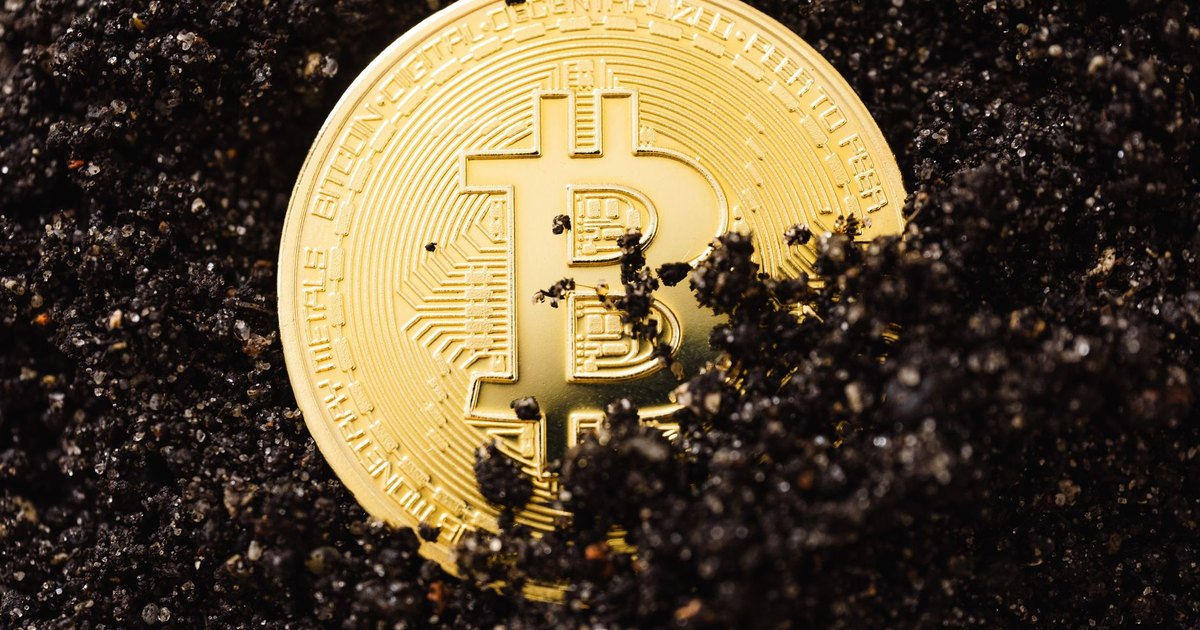 A gold Bitcoin coin partially buried in dark soil symbolizing digital currency growth.