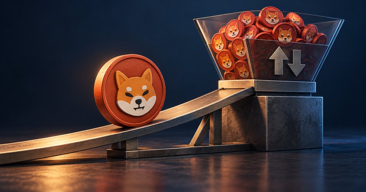 Editorial illustration: An orange Shiba Inu coin stands on an ascending metal ramp leading to a transparent hopper filled with similar coins. Up and down arrows mark the hopper against a dark blue background.