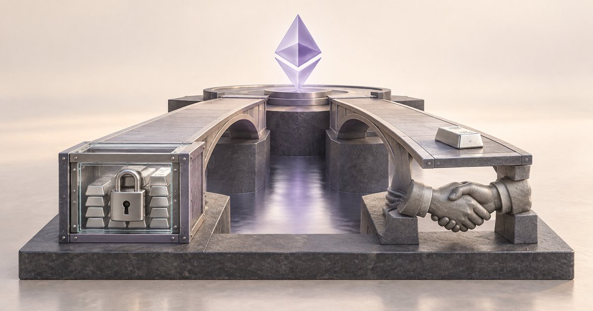 Editorial illustration: A purple Ethereum symbol stands above two stone bridges, with bullion behind a padlock on the left and sculpted hands shaking beneath the right bridge.