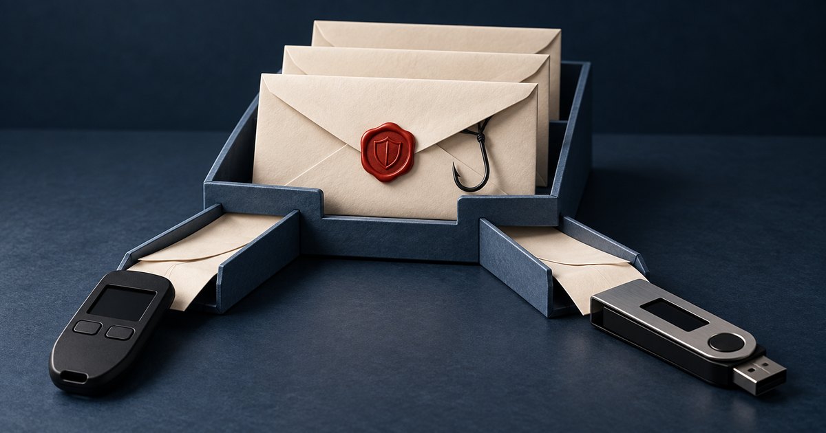 Editorial illustration: Cream envelopes sit in a dark mail tray branching toward two hardware wallet devices. The front envelope bears a red shield wax seal and a dangling fishing hook.