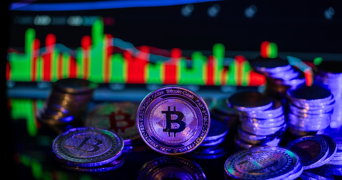 Colorful chart with Bitcoin coins reflecting cryptocurrency market trends and volatility.