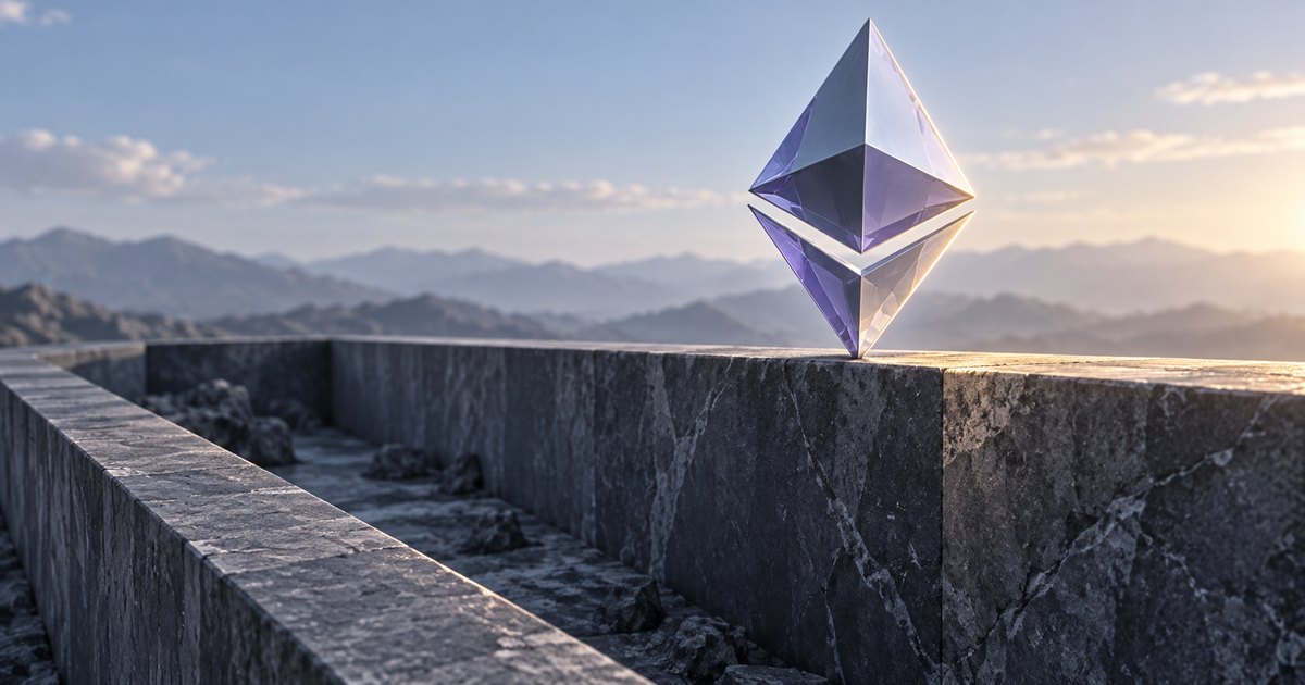 Editorial illustration: A faceted purple Ethereum symbol rests on the upper edge of a dark stone wall, with hazy mountains and warm sunlight behind it.