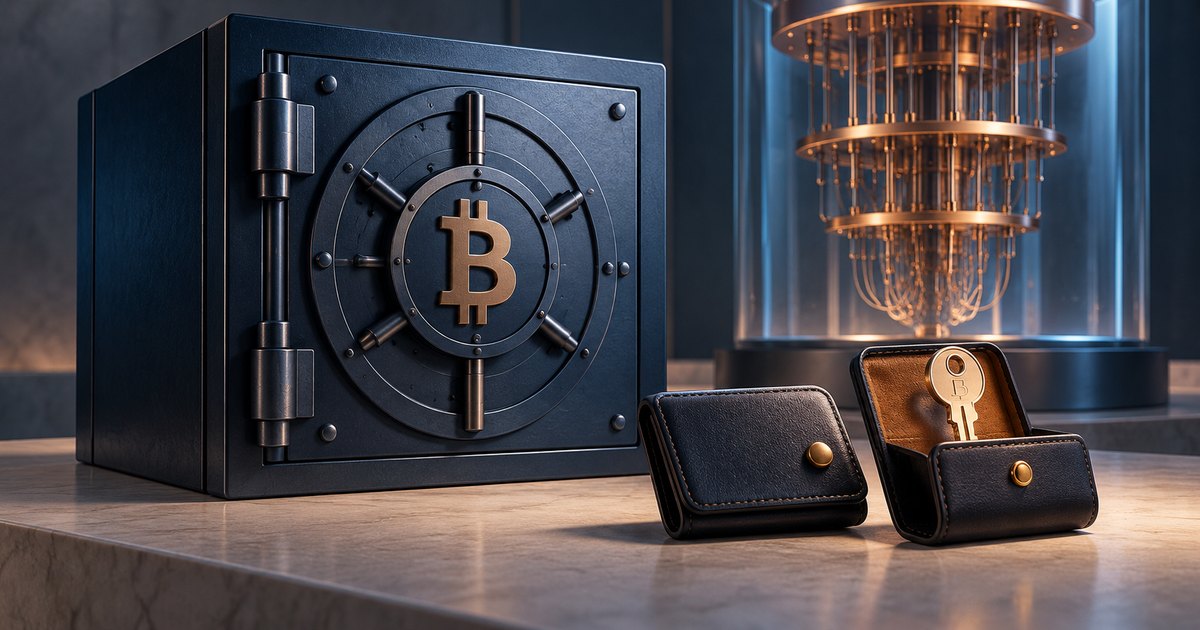 Editorial illustration: A dark safe bearing the Bitcoin symbol beside two leather wallets, one open with a gold key exposed, with copper quantum-computing hardware in the background.