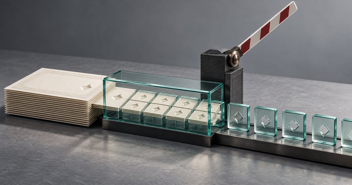 Editorial illustration: A stack of cream paper certificates feeds into a glass enclosure, with upright glass tokens continuing along a dark track beneath a raised red-and-white barrier.