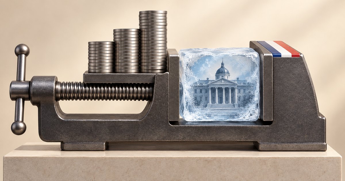 Editorial illustration: A metal vise grips a block of ice containing a classical government building. Three increasingly tall coin stacks sit above the screw, and a French tricolor marks the right jaw.