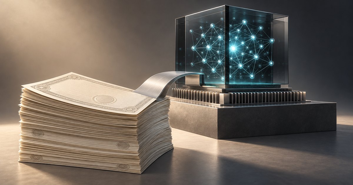 Editorial illustration: A thick stack of ornate paper certificates connects by a curved metallic ribbon to a glass cube containing glowing network nodes atop a processor.