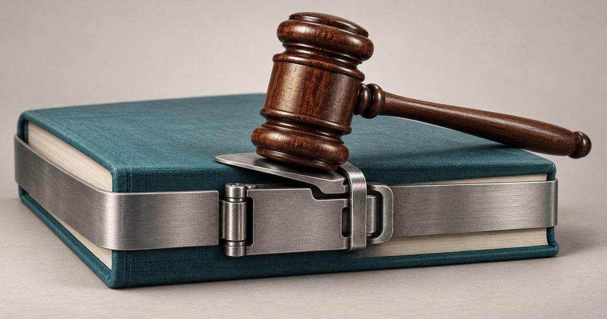 Editorial illustration: A wooden judge’s gavel rests on a teal hardcover book secured shut by a broad metal band and clasp.