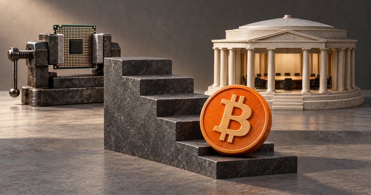 Editorial illustration: An orange Bitcoin coin rests on the lowest stone step, with a microchip clamped in a metal vise and a columned building containing a meeting table behind it.