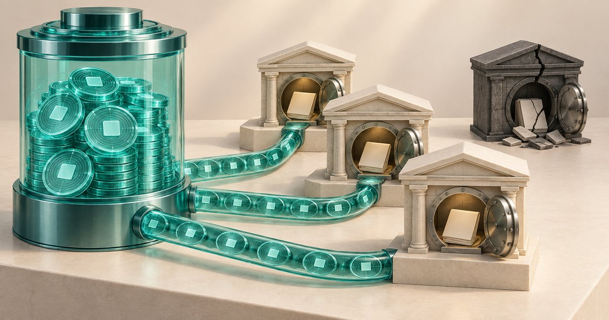 Editorial illustration: A transparent cylinder filled with teal digital coins connects through clear tubes to three stone vaults holding paper stacks. A separate dark vault is cracked, with broken masonry scattered below.