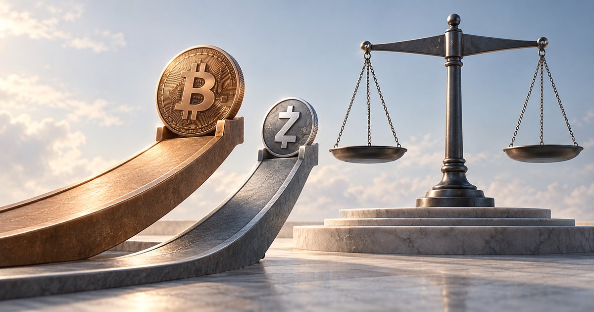 Editorial illustration: A large gold Bitcoin coin and smaller silver Zcash coin stand atop upward-curving ramps beside a balanced metal scale on a stone platform.