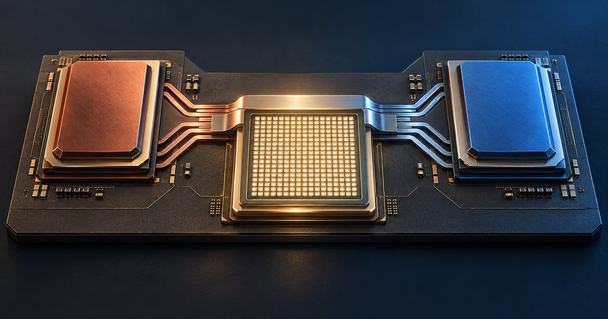 Editorial illustration: Copper-colored and blue processors connect through metallic traces to a glowing central grid on a dark circuit board.