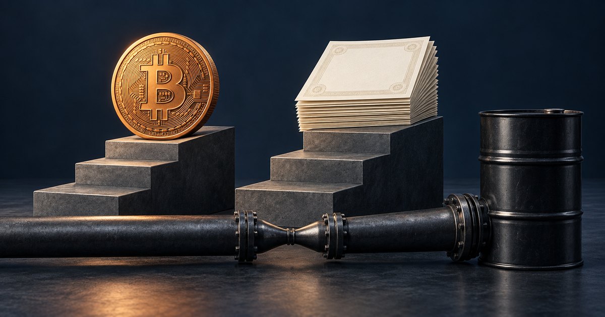 Editorial illustration: A gold Bitcoin coin and a stack of blank bordered certificates stand on separate stone staircases. A black pipe narrows sharply in the foreground beside an oil barrel.