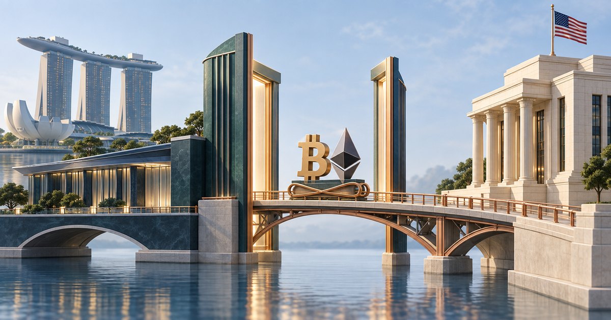 Editorial illustration: Bitcoin and Ether symbols above a gold infinity loop on a bridge, connecting Singapore’s waterfront landmarks with a columned building flying the US flag.