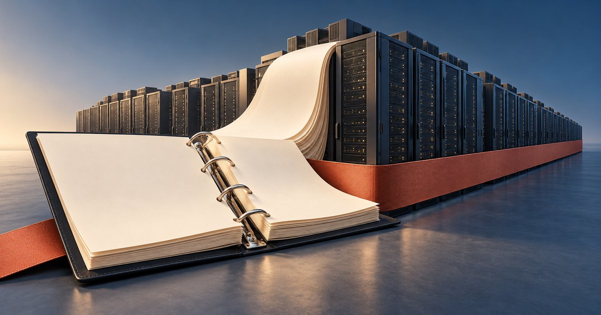 Editorial illustration: Blank pages rise from an open ring binder toward long rows of server cabinets encircled by a broad red band.