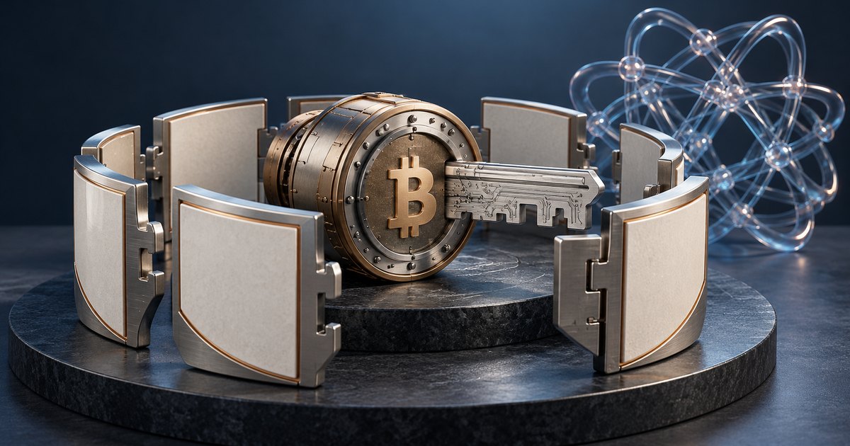 Editorial illustration: Metallic shields encircle a Bitcoin-emblem lock with a protruding key on a dark circular platform, with a glowing atomic motif behind them.