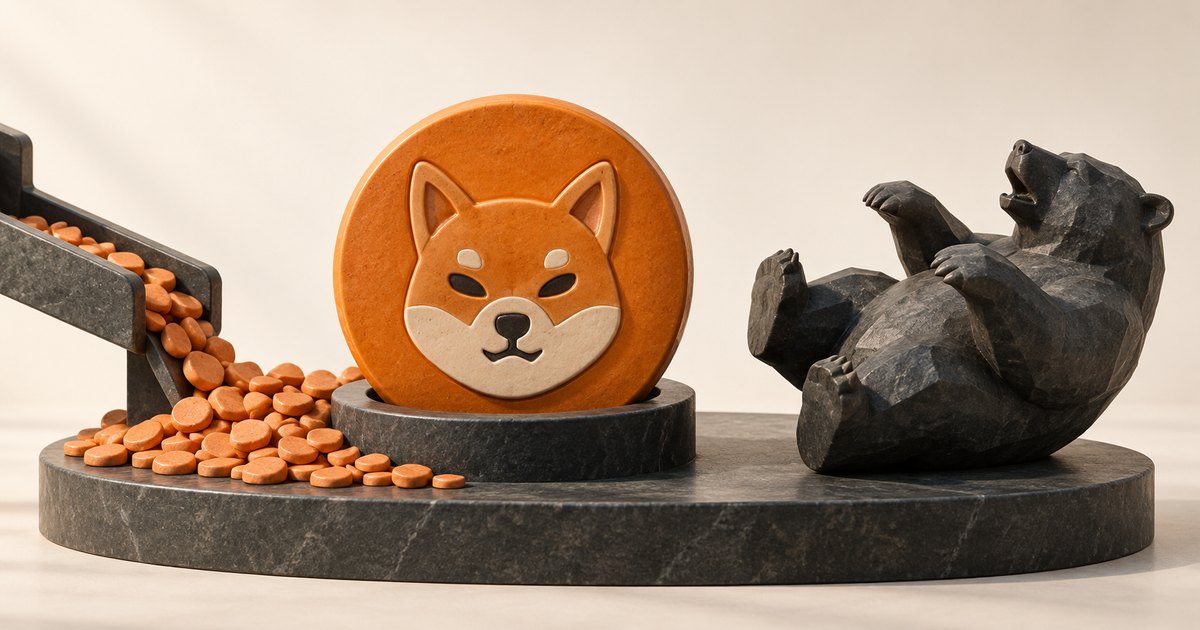 Editorial illustration: An orange coin bearing a Shiba Inu face stands on a dark stone pedestal. Small orange tokens spill from a chute on the left, while a dark sculpted bear lies on its back on the right.