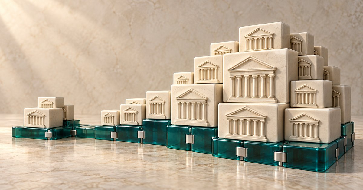 Editorial illustration: Cream stone blocks embossed with columned buildings form progressively larger stacks from left to right on linked teal glass bases.