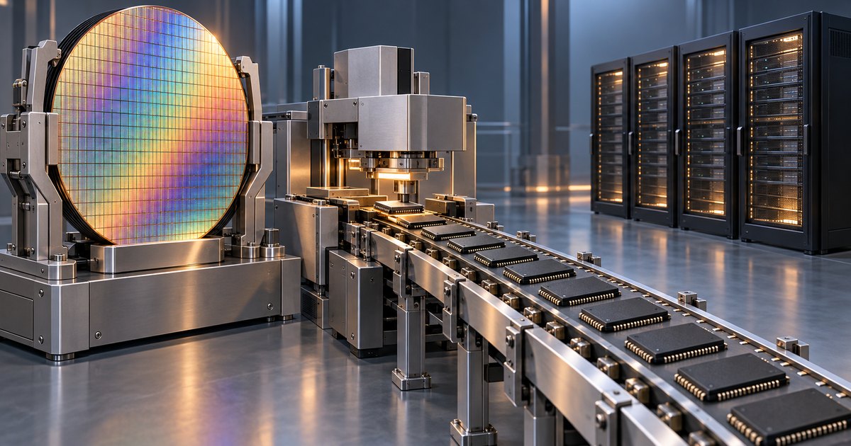 Editorial illustration: A rainbow-colored silicon wafer stands beside machinery and a conveyor carrying rows of black chips, with illuminated server racks in the background.