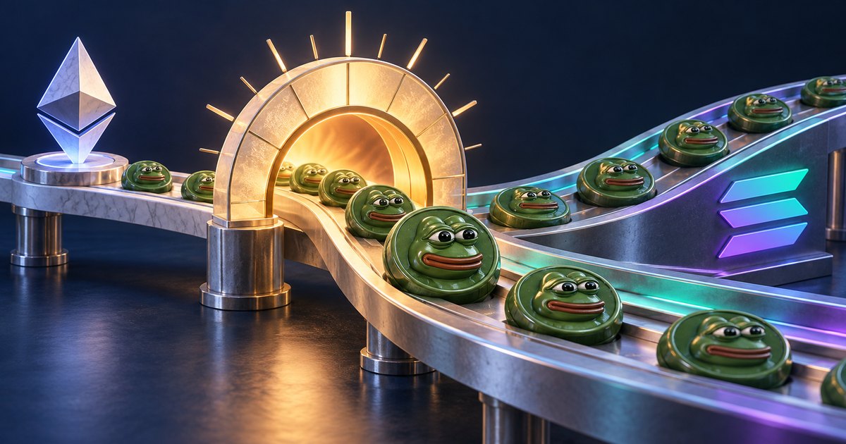 Editorial illustration: Green frog-faced tokens ride branching metallic conveyor belts through a glowing golden arch, with an Ethereum symbol at left and a Solana symbol at right.