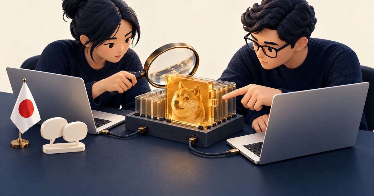 Editorial illustration: Two people with laptops examine a glowing stack of transparent panels bearing a Shiba Inu portrait. One holds a magnifying glass while the other points. A Japanese flag and blank speech-bubble ornaments sit nearby.