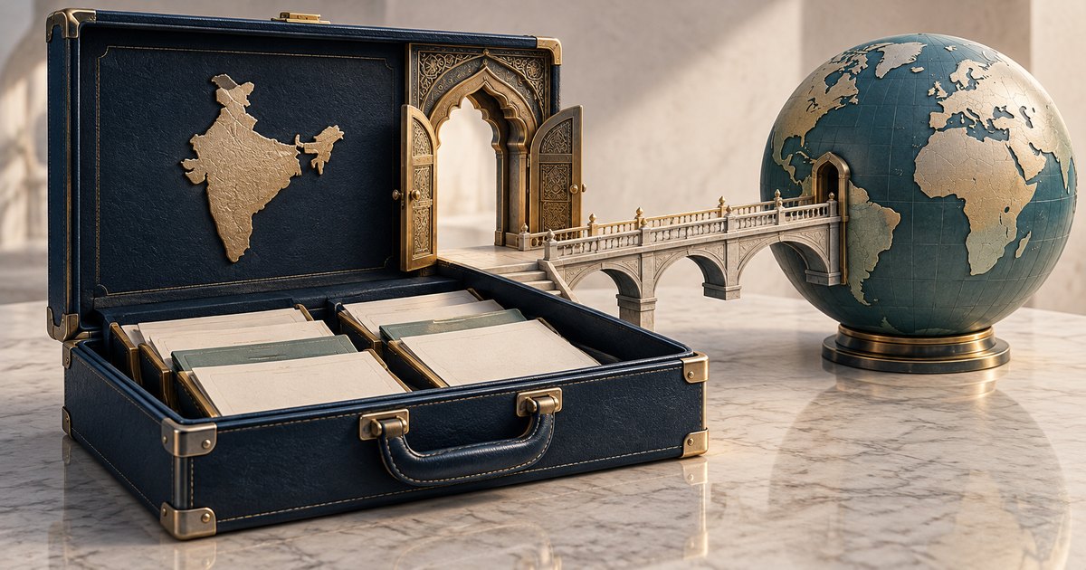 Editorial illustration: An open dark briefcase containing folders bears a gold silhouette of India inside its lid. An ornate open doorway connects by a stone bridge to a blue and gold globe.