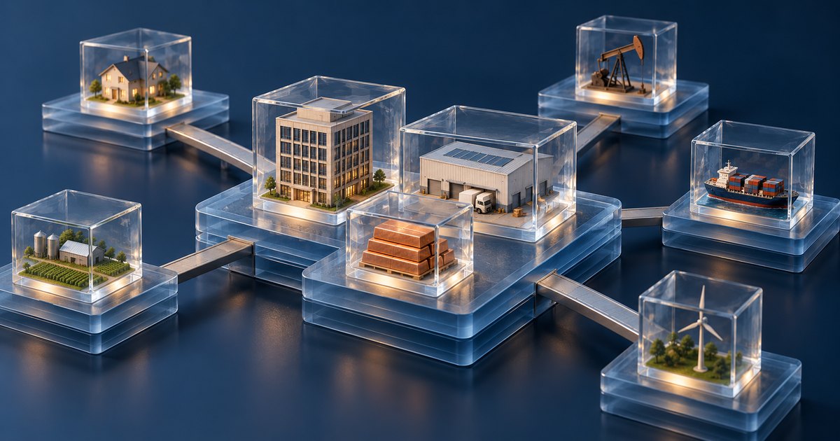 Editorial illustration: Connected glass platforms hold transparent cubes containing a house, office building, warehouse, gold bars, farm, oil pump, cargo ship and wind turbine against a dark blue background.