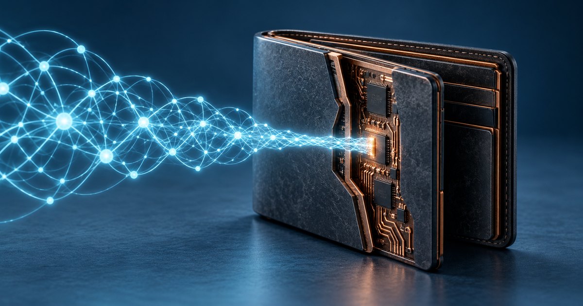 Editorial illustration: A dark wallet with exposed copper circuitry receives a narrowing stream of glowing blue lines and interconnected nodes.