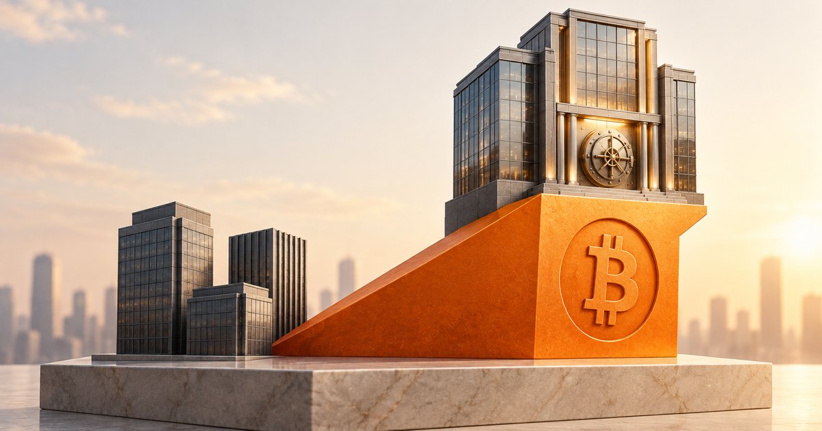 Editorial illustration: An orange ramp bearing the Bitcoin symbol supports a tall glass building with a vault door, lifting it above smaller office buildings against a softly lit skyline.