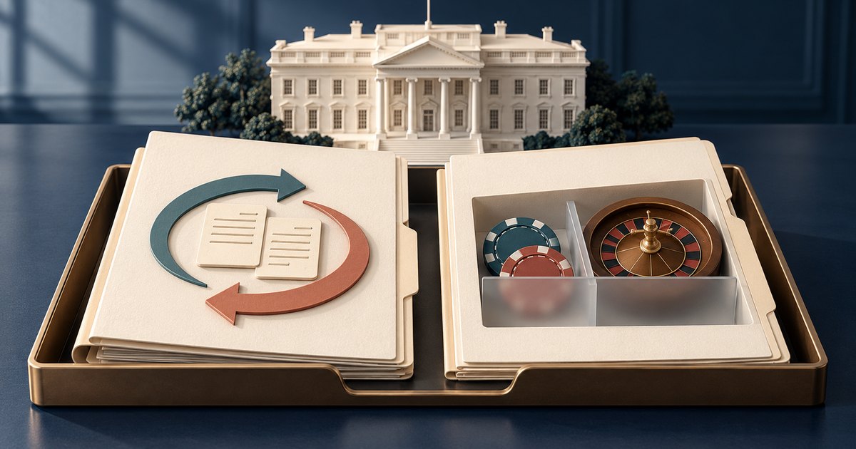 Editorial illustration: Two cream folders sit in a bronze document tray before a miniature White House. One displays curved arrows around papers; the other contains poker chips and a roulette wheel separated by dividers.