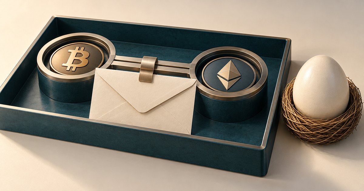 Editorial illustration: Bitcoin and Ethereum tokens connected by metal rails behind a cream envelope inside a dark teal tray, with an egg in a woven nest outside the tray.