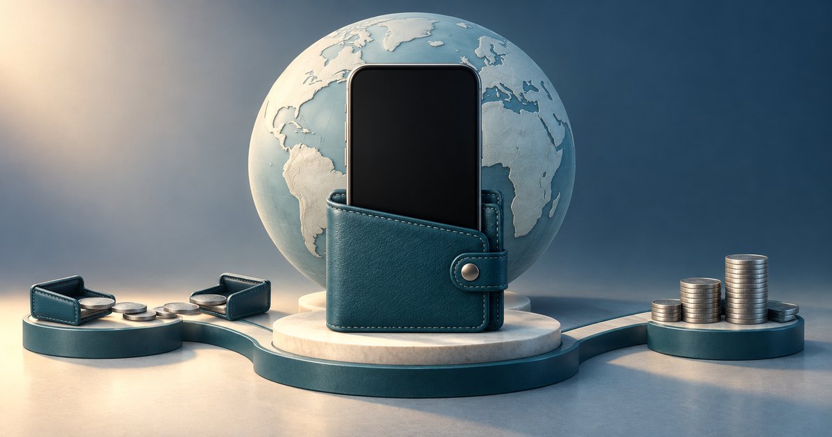 Editorial illustration: A black-screen smartphone sits inside a teal wallet in front of a globe. Connected platforms hold smaller wallets and silver coin stacks.