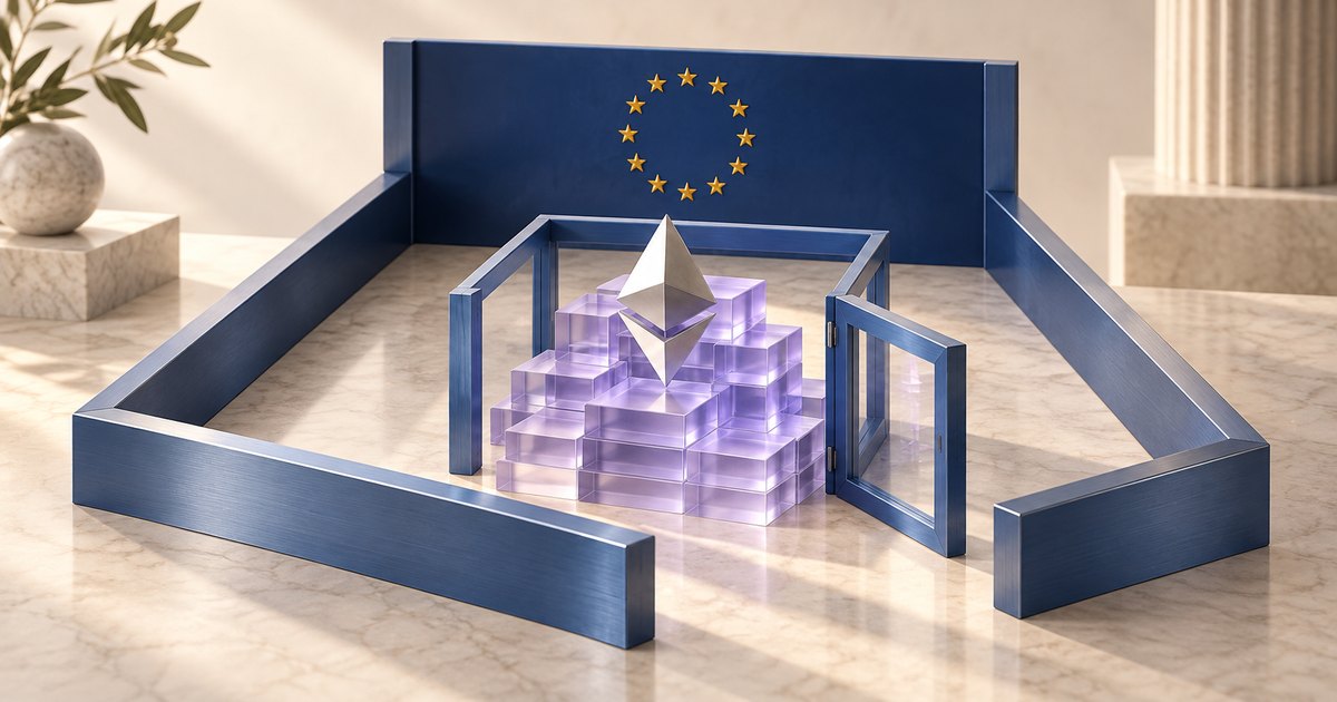 Editorial illustration: A silver Ethereum symbol floats above translucent purple blocks inside a blue enclosure with an open gate. A larger surrounding boundary bears a ring of gold EU stars.