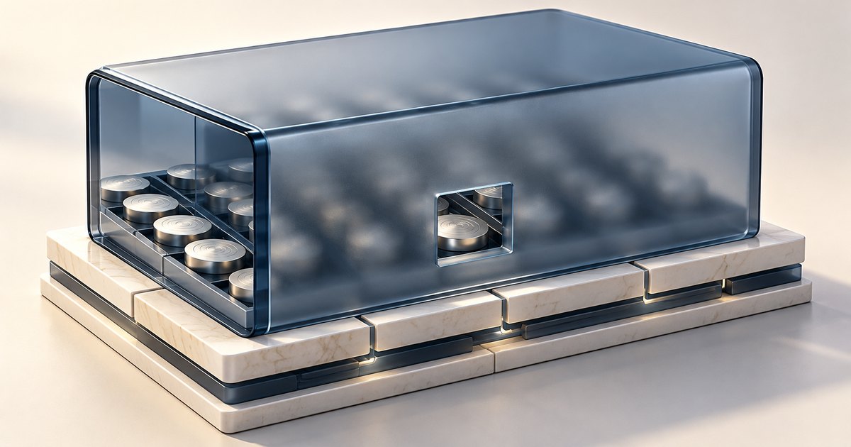 Editorial illustration: Rows of metallic tokens sit inside a blue frosted enclosure on a layered stone base. A clear end panel and small square window reveal some tokens.