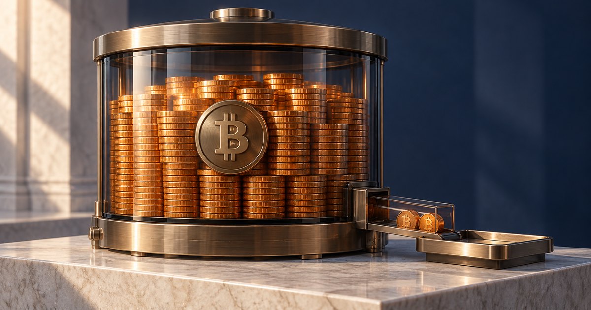 Editorial illustration: A glass cylinder packed with gold coins bears a Bitcoin symbol. A few Bitcoin coins sit in a transparent chute leading toward a metal tray.