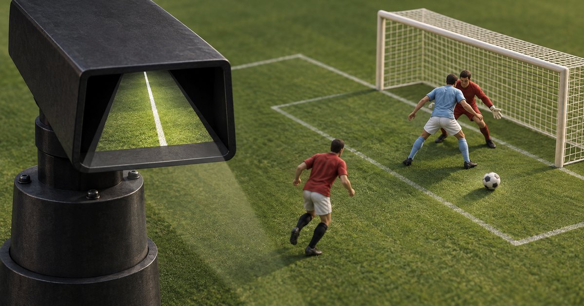 Editorial illustration: A large black viewing tunnel focuses narrowly on a white pitch line. Beside it, a blue-shirted footballer stands directly before a goalkeeper as a red-shirted player approaches and the ball sits nearby.