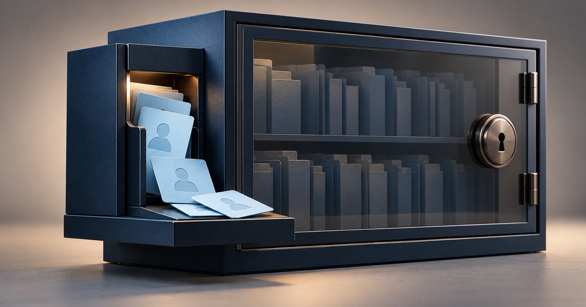 Editorial illustration: Blue profile cards spill onto a side tray beside a dark metal cabinet holding folders behind a locked glass door.
