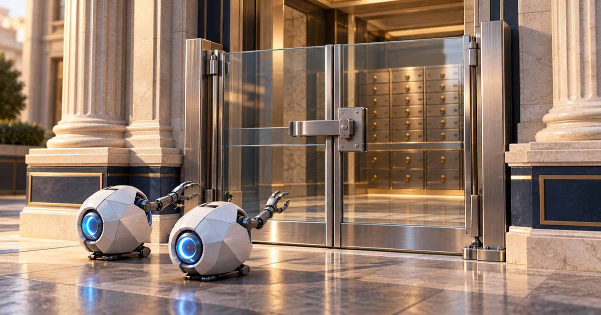 Editorial illustration: Two small spherical robots reach toward a closed glass security gate, with rows of safe-deposit boxes visible beyond it.