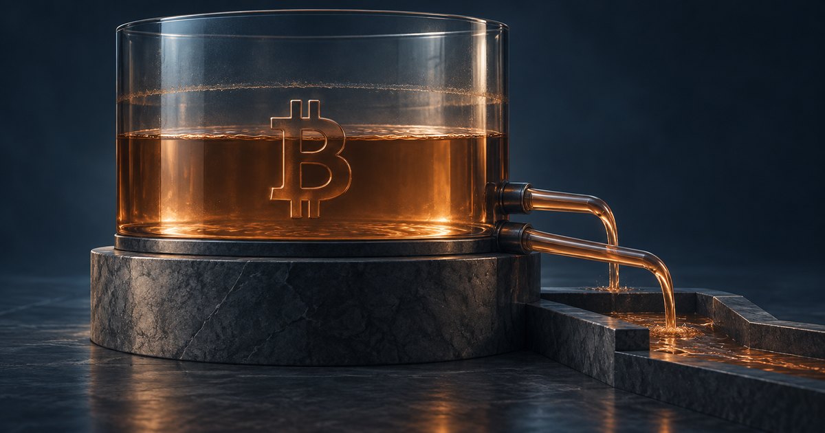 Editorial illustration: Amber liquid drains from a glass tank bearing a Bitcoin symbol through two curved pipes into stone channels against a dark background.