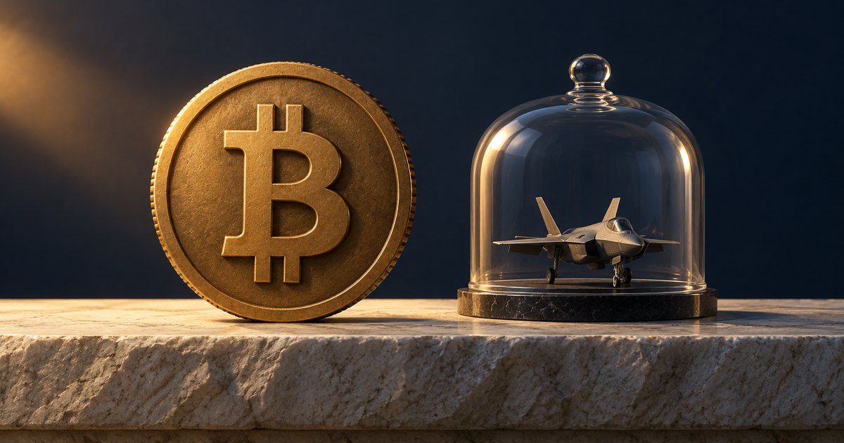 Editorial illustration: A large gold Bitcoin coin stands beside a miniature fighter jet enclosed under a glass dome on a stone surface against a dark background.