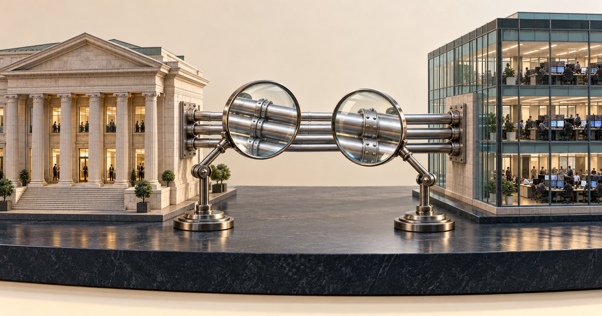 Editorial illustration: Metal pipes connect a columned bank building to a glass office filled with trading desks. Two large magnifying glasses enlarge joints in the pipes.