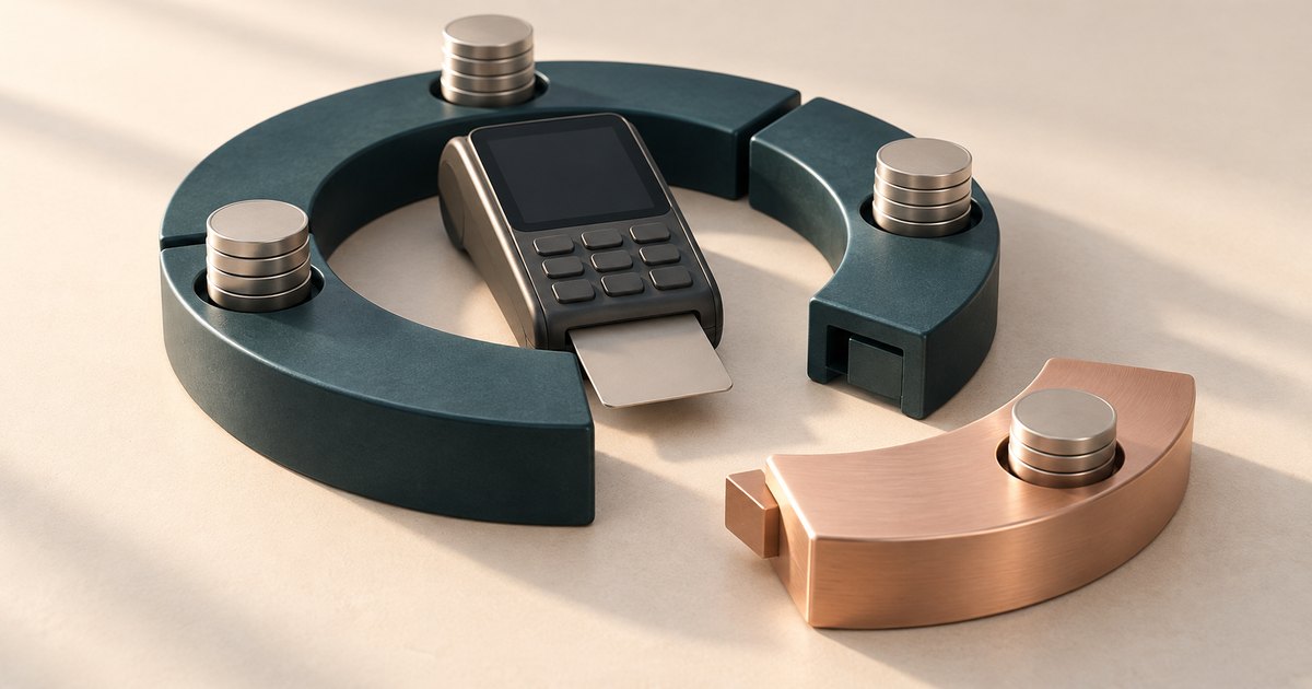 Editorial illustration: A payment terminal surrounded by a dark teal segmented ring holding coin stacks. A separate copper segment with another coin stack faces the ring’s opening.