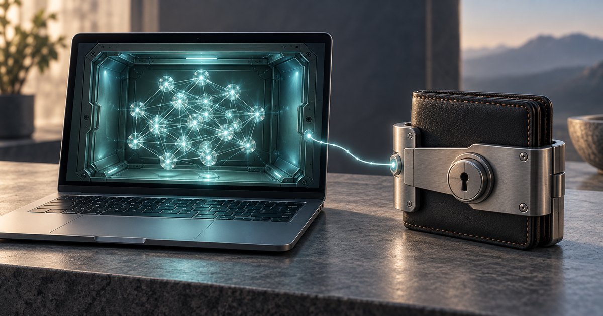 Editorial illustration: A laptop displaying a glowing network inside a vault-like enclosure connects by a luminous line to a leather wallet secured with a metal lock.