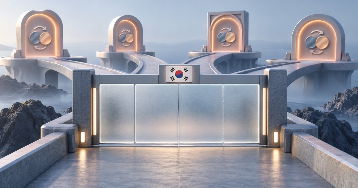 Editorial illustration: A closed metallic gate topped with South Korea’s flag spans a walkway leading to four glowing portals decorated with paired coins and circular arrows.