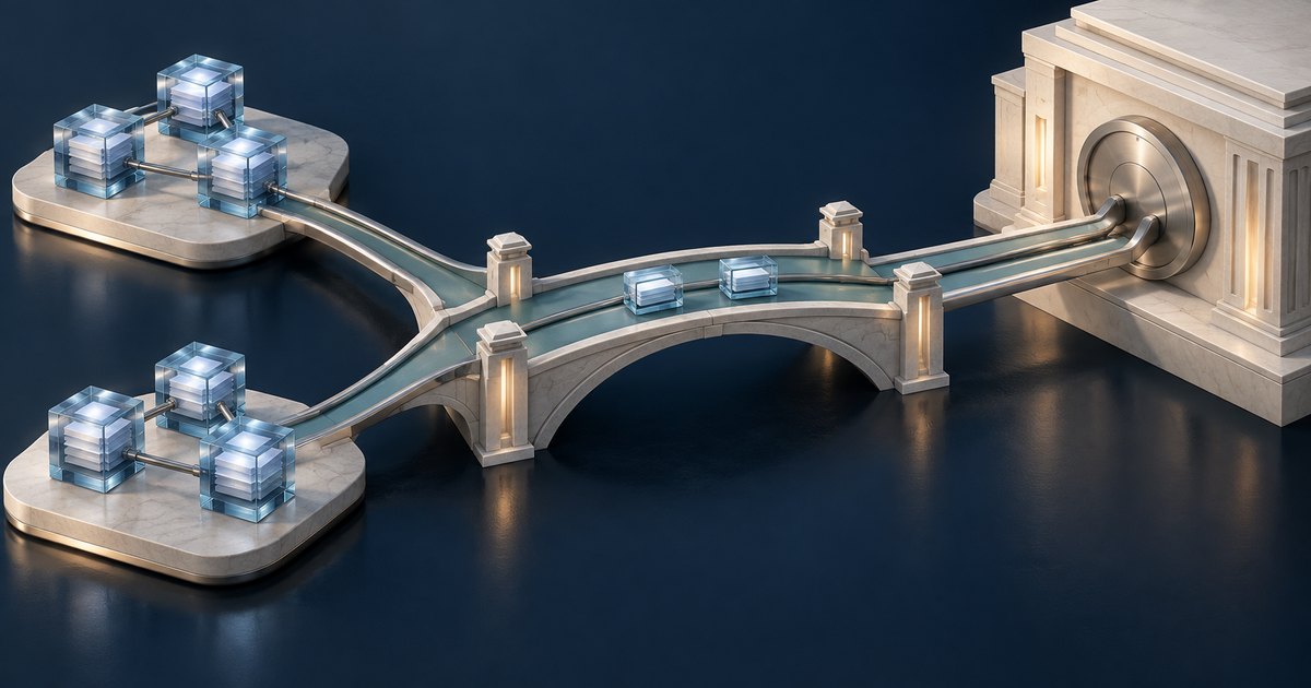 Editorial illustration: Two clusters of interconnected glass cubes on separate platforms connect by branching bridges to a large vault in a stone bank building. Smaller glass blocks sit along the central bridge.