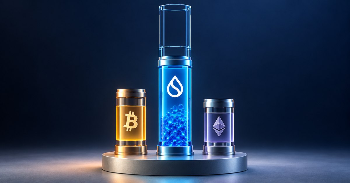 Editorial illustration: Three glass cylinders stand on a metallic platform against a dark blue background. The central cyan cylinder bears the Sui symbol and contains blue spheres, towering above shorter cylinders bearing Bitcoin and Ether‌