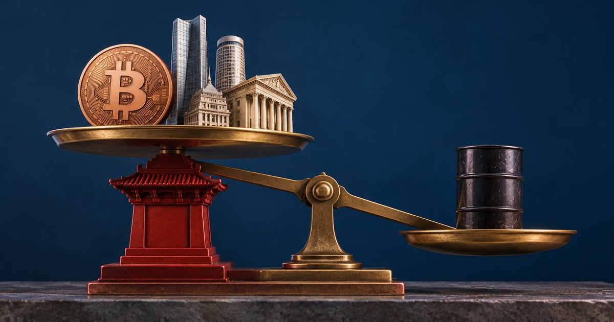 Editorial illustration: A brass balance holds a Bitcoin coin and miniature financial buildings on its raised left pan and an oil barrel on its lowered right pan. A red Chinese-style architectural pedestal stands beneath the left pan against
