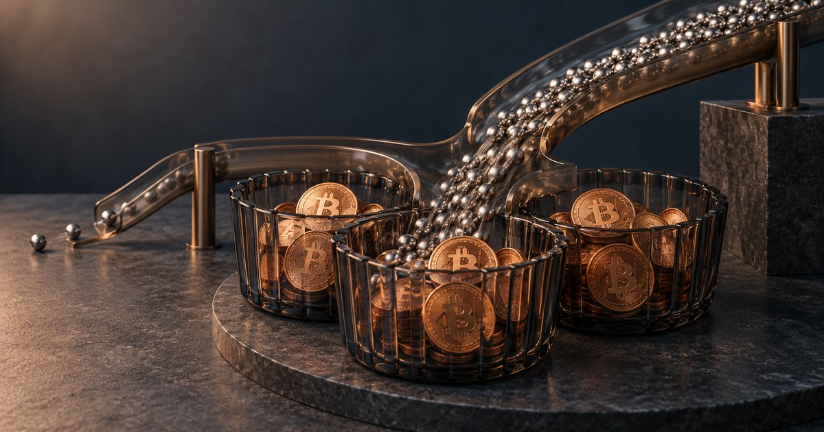 Editorial illustration: Silver spheres descend a transparent curved chute toward three wire baskets filled with copper-colored Bitcoin coins on a dark stone platform.