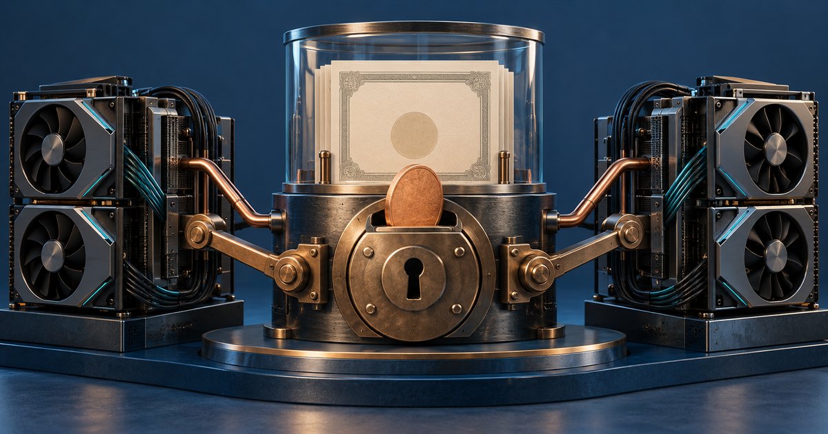Editorial illustration: Two banks of graphics cards connect to a central metal chamber containing ornate paper certificates behind glass. A copper coin sits in a slot above a large lock.
